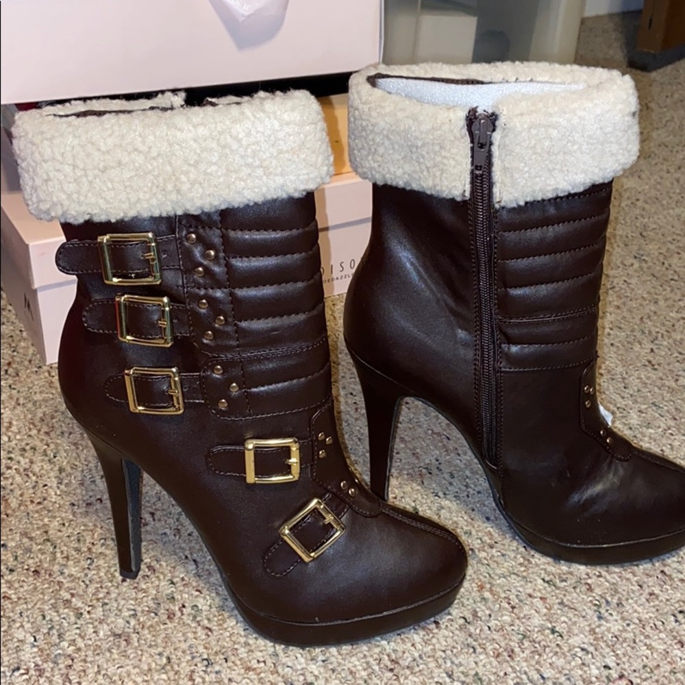 Brown buckle heel boots